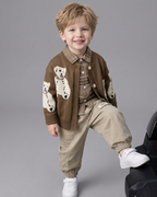 Conjunto Bebé Niño 3 Piezas, Cárdigan Oso, Camisa de Cuadros y Pantalón Beige