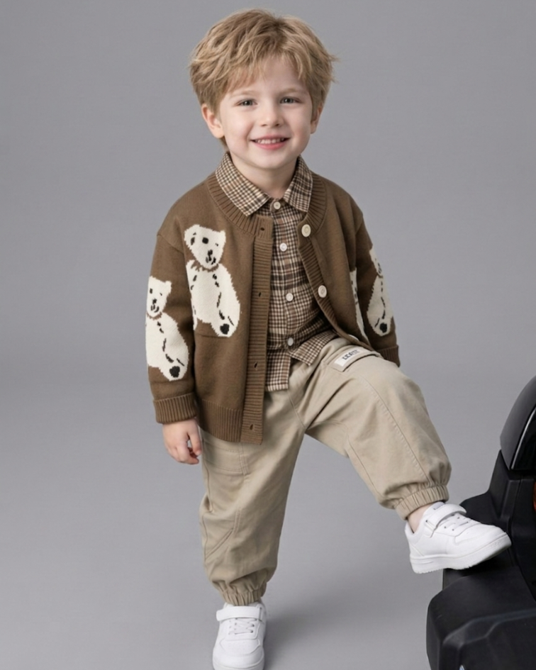 Conjunto bebé 3 piezas ropa bebé niño con cárdigan de oso camisa de cuadros y pantalón beige en España