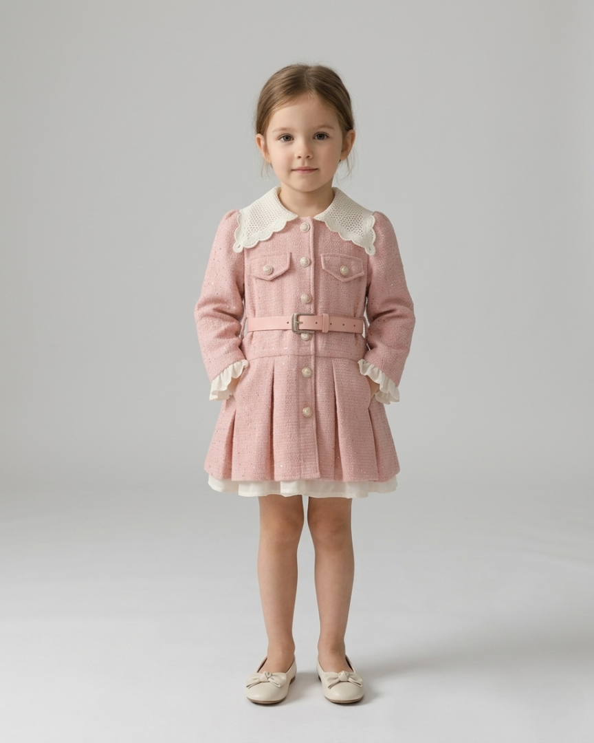 Vestido niña elegante de invierno con cinturón y cuello decorado ropa niña invierno,Ideal para clima otoñal en España