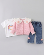 Conjunto niña 3 piezas rosa: suéter, camiseta arcoíris y pantalón vaquero con flores crochet en España