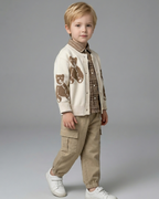 Conjunto Bebé Niño 3 Piezas, Cárdigan Oso, Camisa de Cuadros y Pantalón Beige