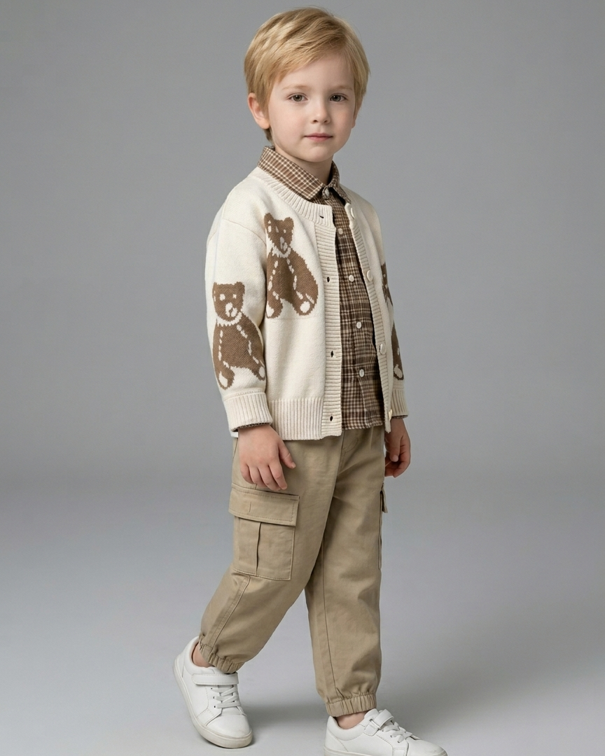 Conjunto bebé 3 piezas ropa bebé niño con cárdigan de oso camisa de cuadros y pantalón beige en España