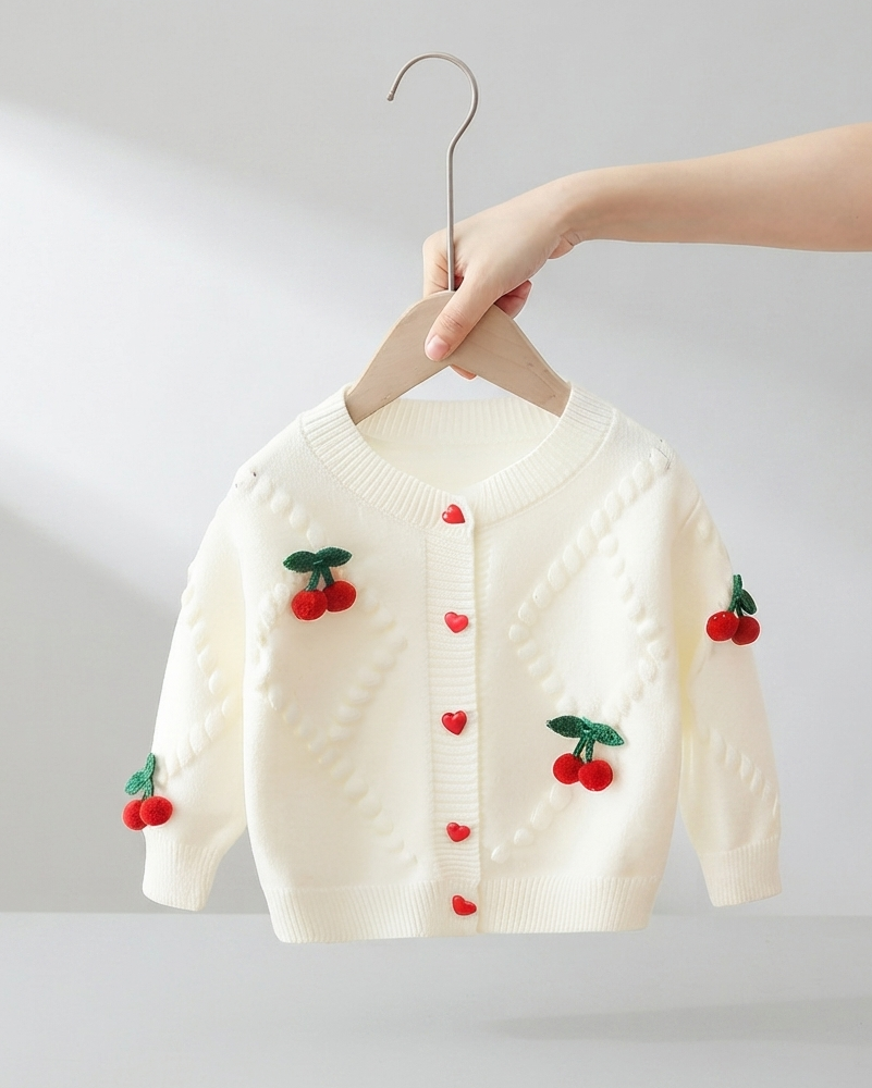 Cárdigan Infantil de Punto con Bordados de Cerezas y Botones de Corazón
