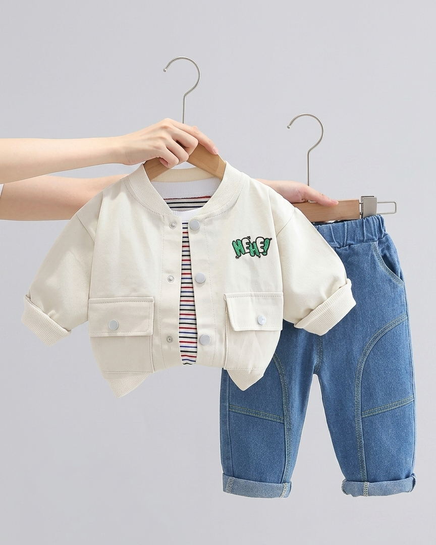Conjunto niño 3 piezas ropa niño: chaqueta de algodón, camiseta de rayas y vaqueros cómodos en España