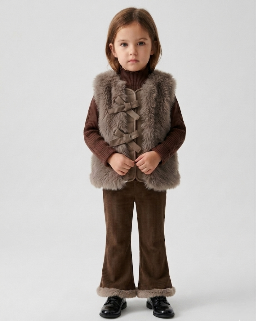 Conjunto niña invierno 3 piezas elegante con chaqueta y chaleco de piel sintética Ideal para clima otoñal en España