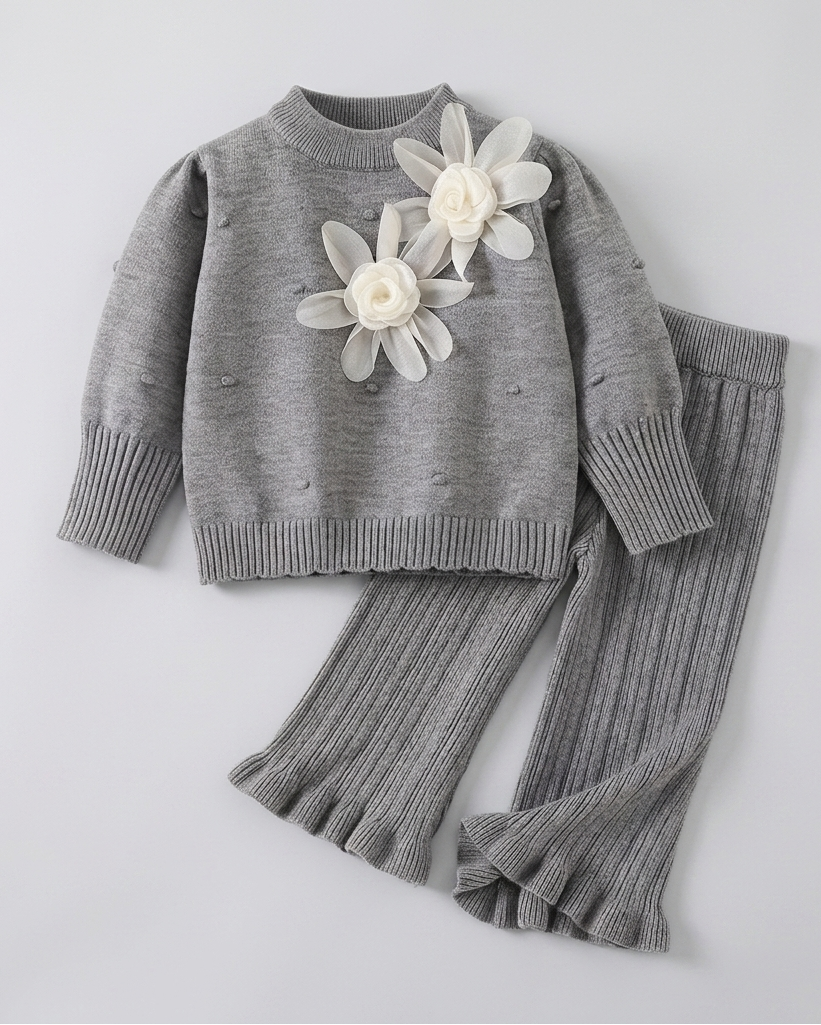 Conjunto niña invierno 2 piezas ropa niña: blusa tejida con flores y pantalón tejido acanalado en España