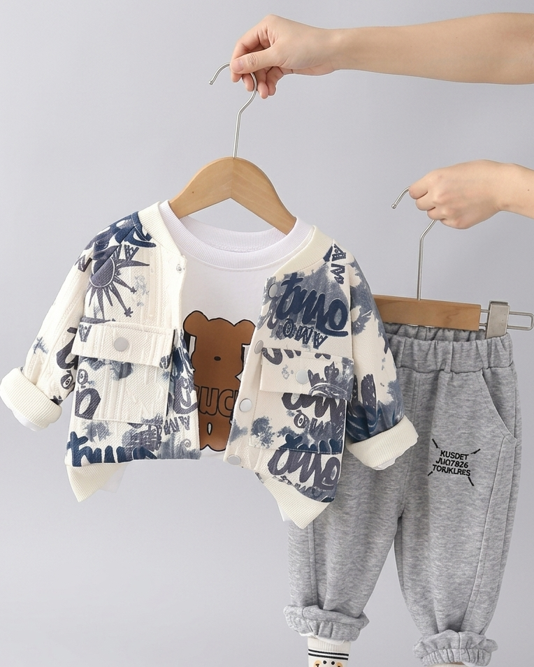 Conjunto bebé y niño 3 piezas ropa bebé: chaqueta estampada, camiseta con oso y pantalón gris cómodo en España
