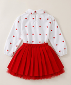Conjunto de 2 piezas: falda de tul roja y camiseta con estampado de corazones.
