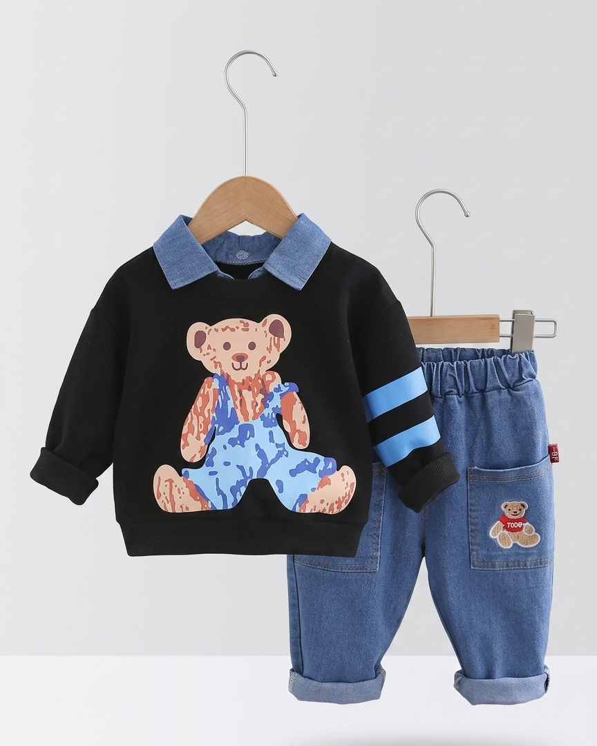 Conjunto niño 2 piezas sudadera y pantalón vaquero con estampado de oso estilo casual otoño , ropa infantil, Ideal para primavera y  verano en España