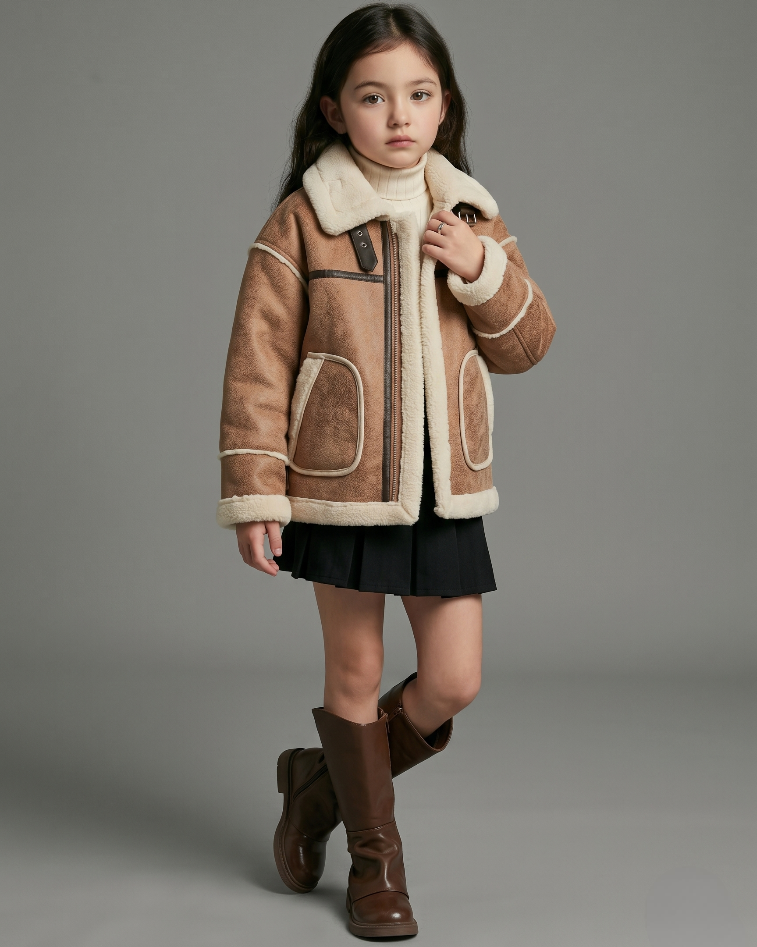 Chaqueta de invierno infantil de piel sintética con forro polar sherpa cuello alto y diseño moderno en España