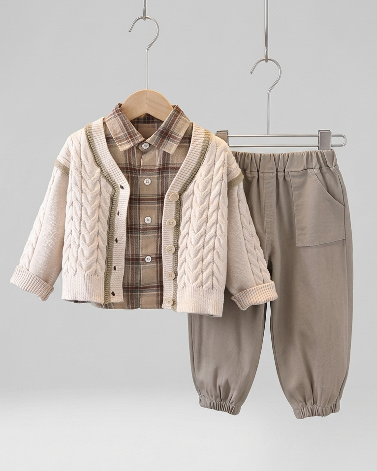 Conjunto bebé niño 3 piezas camisa de cuadros, cárdigan y pantalón