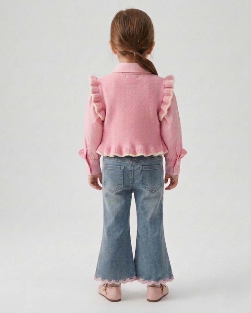 Conjunto niña 2 piezas camisa rosa y pantalón vaquero ancho con lazos y bordados | ropa niña en España