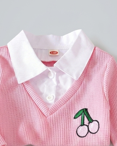 Conjunto niña 2 piezas suéter rosa y pantalón vaquero bordado cerezas ropa niña,Ideal para clima otoñal y principios de invierno en España