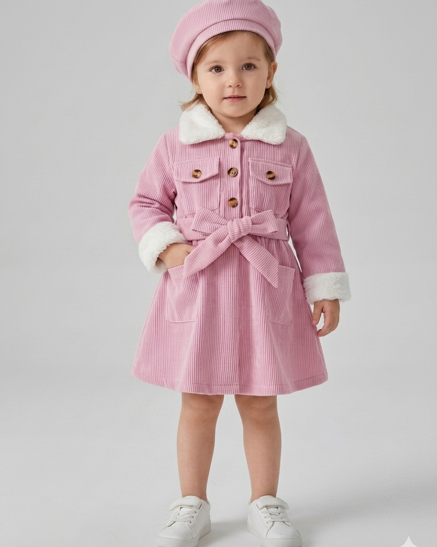 Abrigo de invierno para niña con cuello de pelo suave, cinturón elegante y gorro a juego looks elegantes y en España