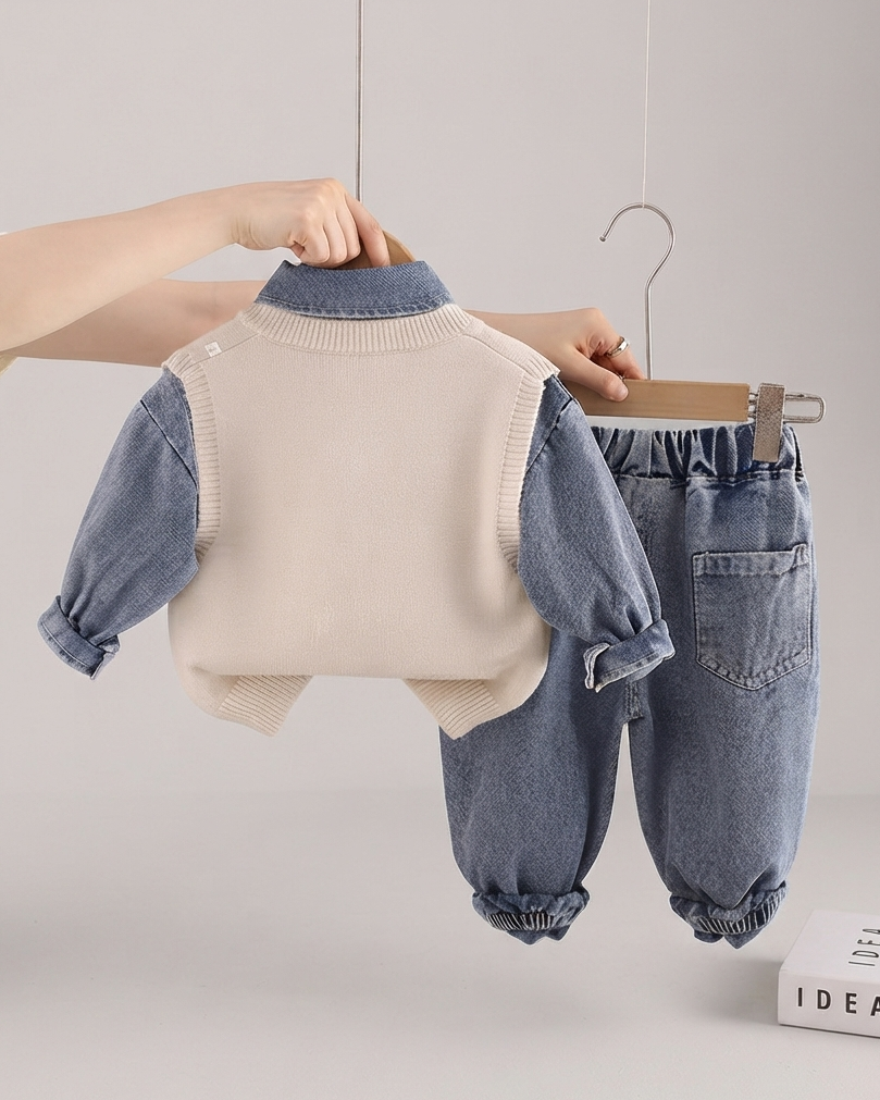 Conjunto Infantil de 3 Piezas para Niño  Camisa Denim, Chaleco de Punto y Pantalón Vaquero