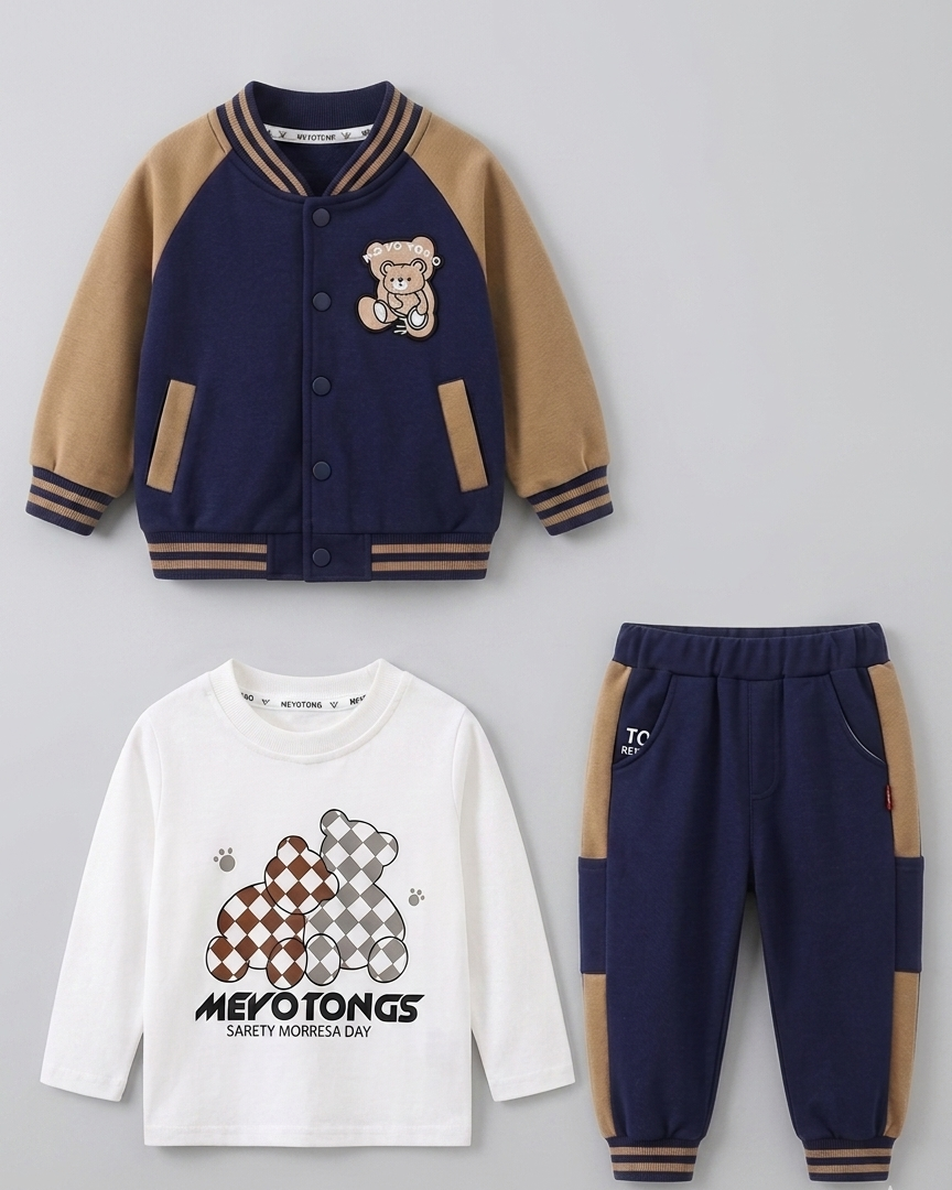 Conjunto deportivo bebé 3 piezas (chaqueta, camiseta interior de algodón y pantalón) con osito | chándal bebé, ropa bebé niño en España