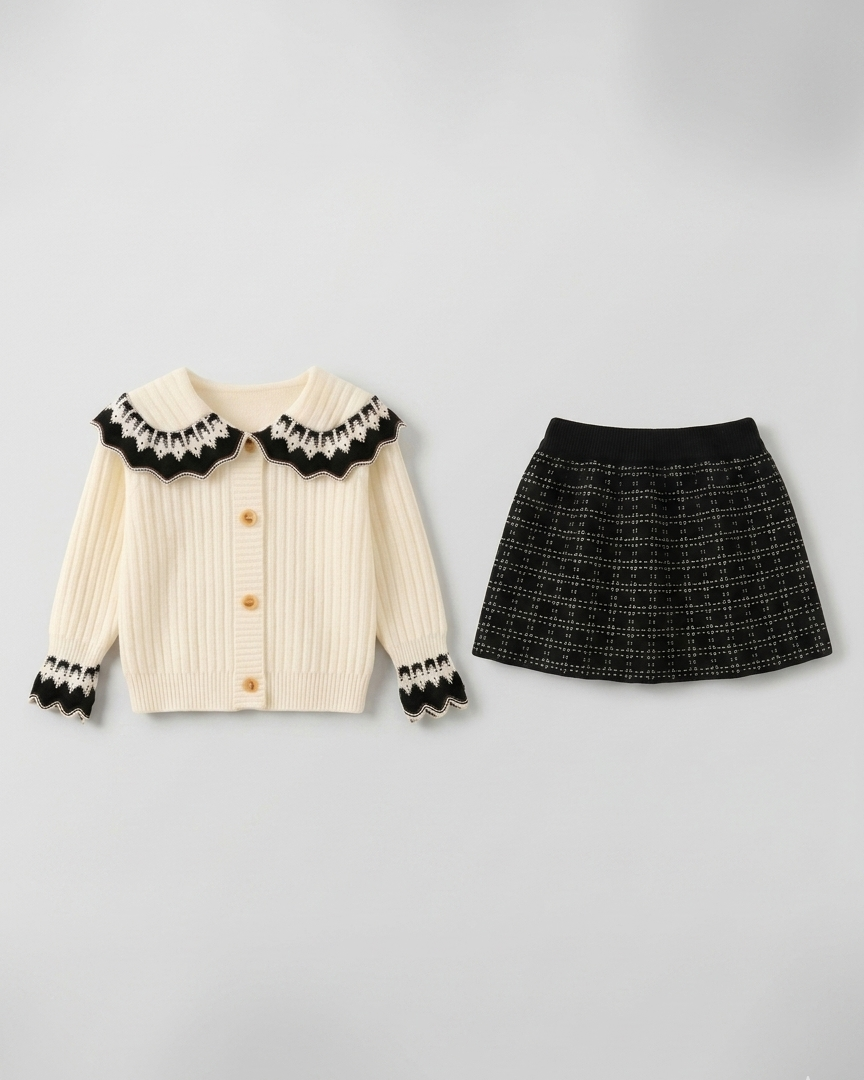 Conjunto niña invierno 2 piezas cárdigan de punto y falda estampada ,destacada para looks elegantes y sencillos en España