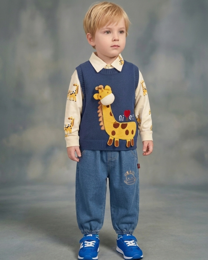 Conjunto bebé 3 piezas ropa bebé algodón con chaqueta de punto y pantalón vaquero con jirafa 3D en España