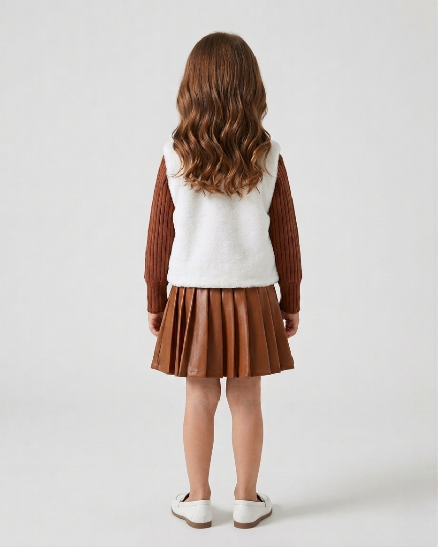 Conjunto niña invierno 3 piezas: suéter de punto, chaleco de peluche y falda de cuero sintético  en España