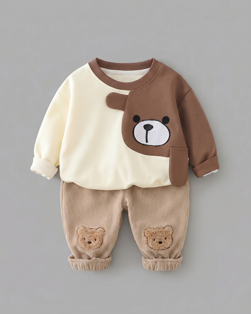 Conjunto de invierno cálido de dos piezas con estampado de oso para niños