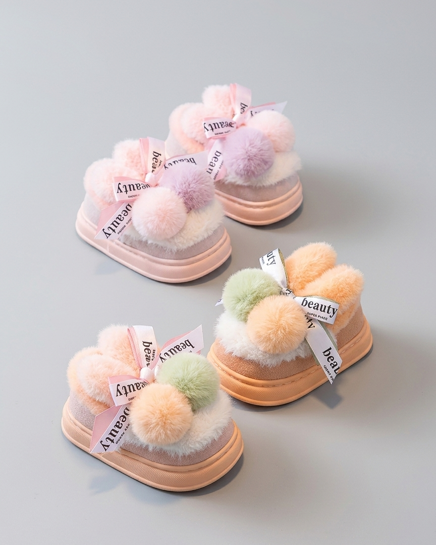 Pantuflas de invierno cálidas para niños con peluche suave y bolas de colores en España