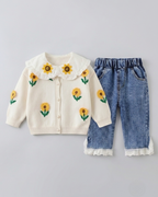 Conjunto niña 2 piezas: blusa tejida con cuello decorado y pantalón vaquero elegante en España