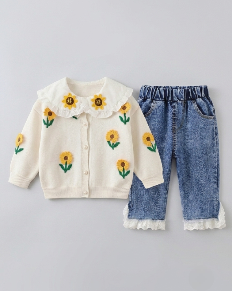 Conjunto niña 2 piezas: blusa tejida con cuello decorado y pantalón vaquero elegante en España