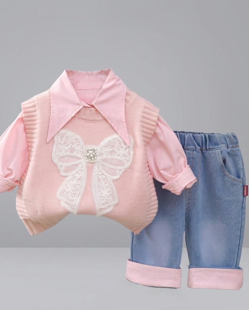 Conjunto niña 3 piezas invierno: camisa manga larga, chaleco de lana y pantalón vaquero en España
