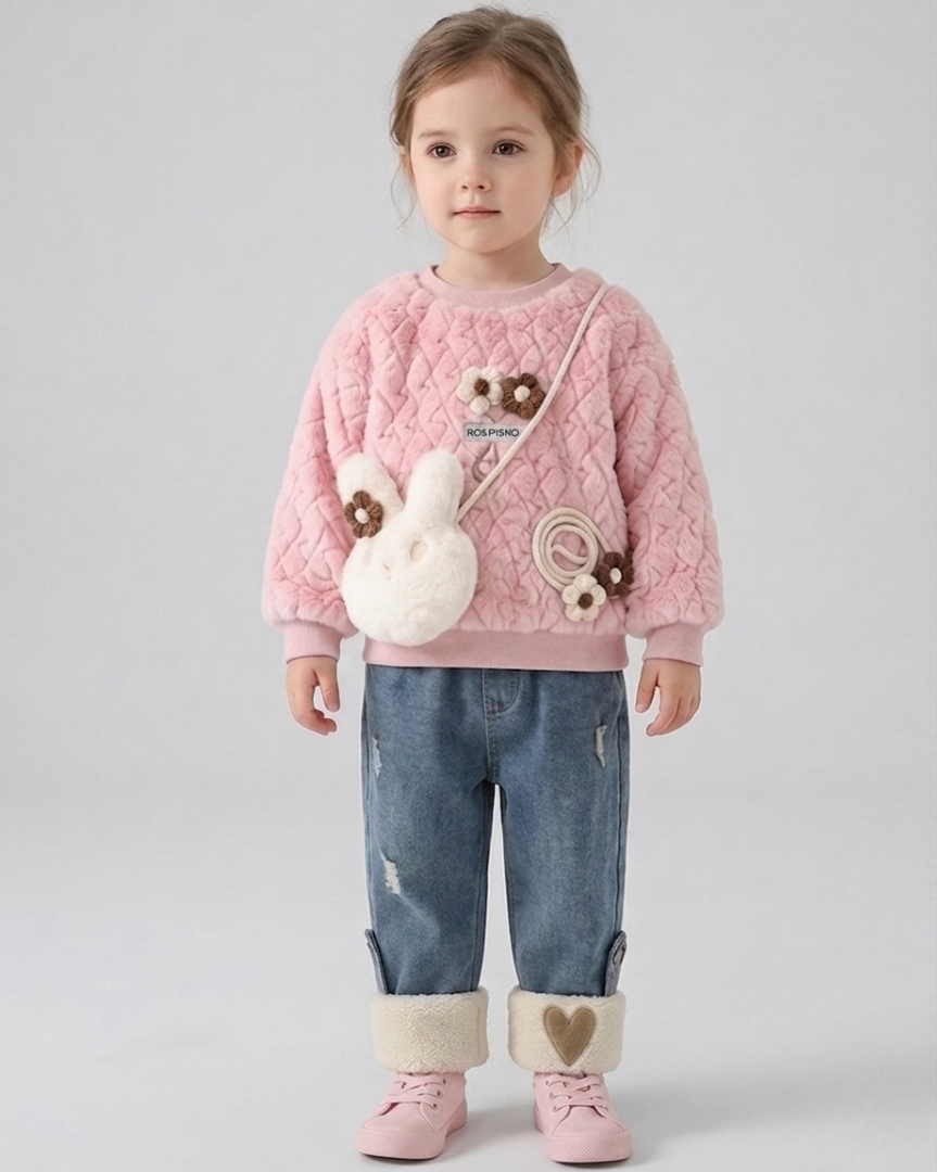 Conjunto niña invierno 2 piezas sudadera felpa y pantalón vaquero acolchado,Ideal para clima otoñal y principios de invierno en España