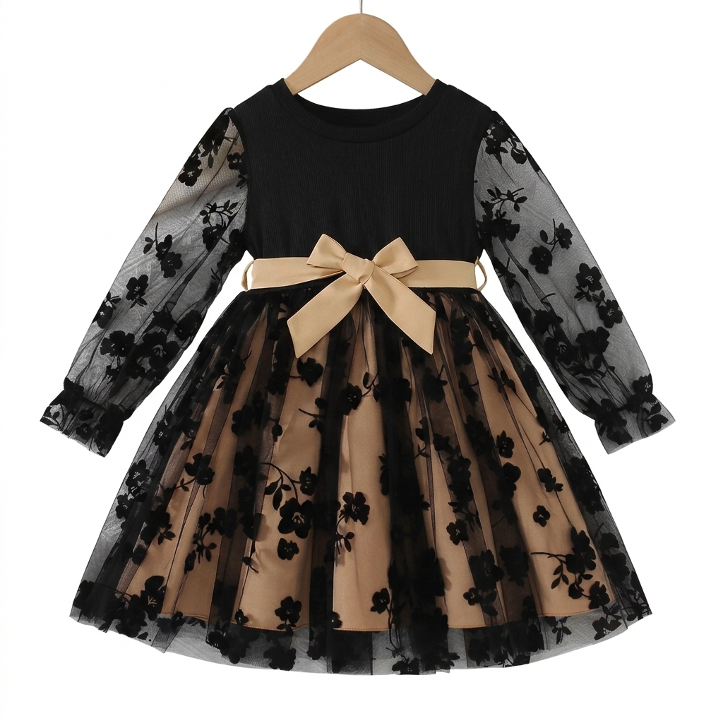 Vestido de tul bordado con manga larga y cinturón de satén dorado