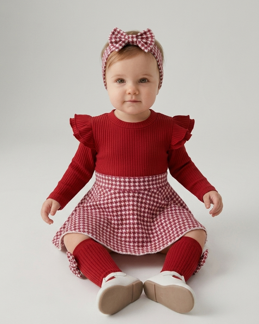 Conjunto niña elegante de cuadros con blusa de punto manga larga – ropa niña clásica moderna en España