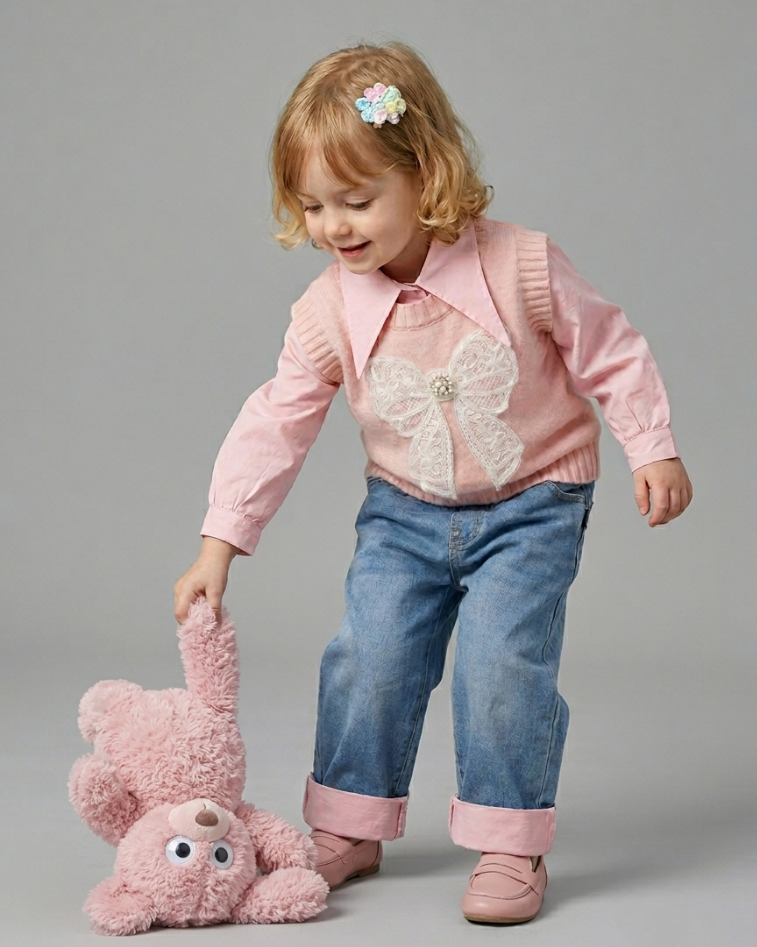 Conjunto niña 3 piezas invierno: camisa manga larga, chaleco de lana y pantalón vaquero en España