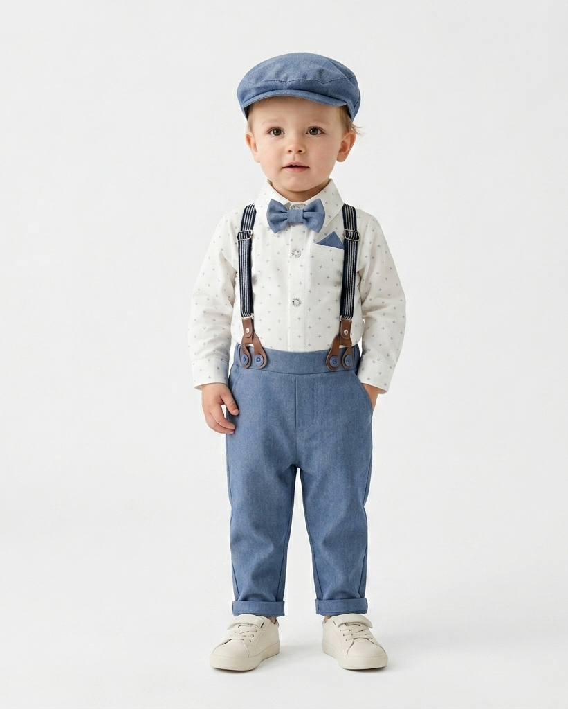 Conjunto bebé niño elegante de 4 piezas con body, pantalón con tirantes, corbata y gorra en España