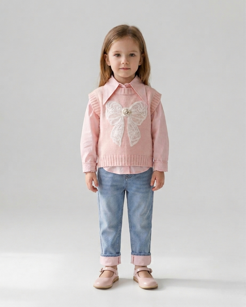 Conjunto niña 3 piezas invierno: camisa manga larga, chaleco de lana y pantalón vaquero en España