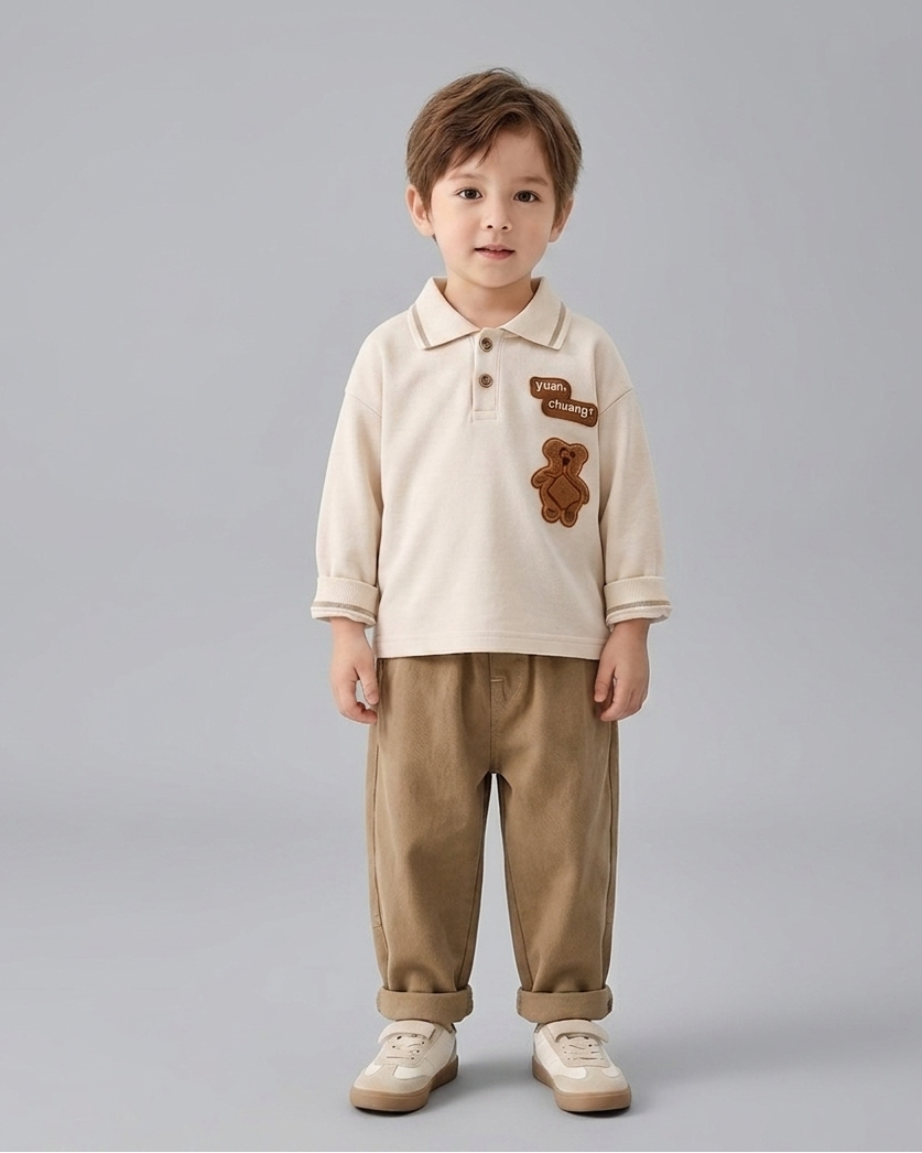 Conjunto niño otoño polo con pantalón y estampado de oso,Ideal para primavera  en España