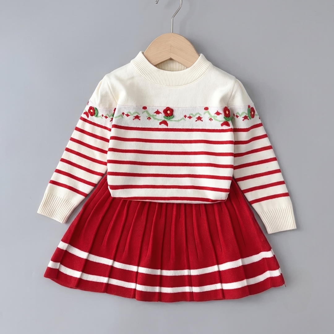 Conjunto niña 2 piezas vestido con suéter tejido y falda plisada elegante invierno en España