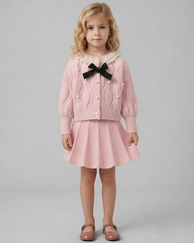 Conjunto Niña Punto Encaje Invierno Vestido y Chaqueta