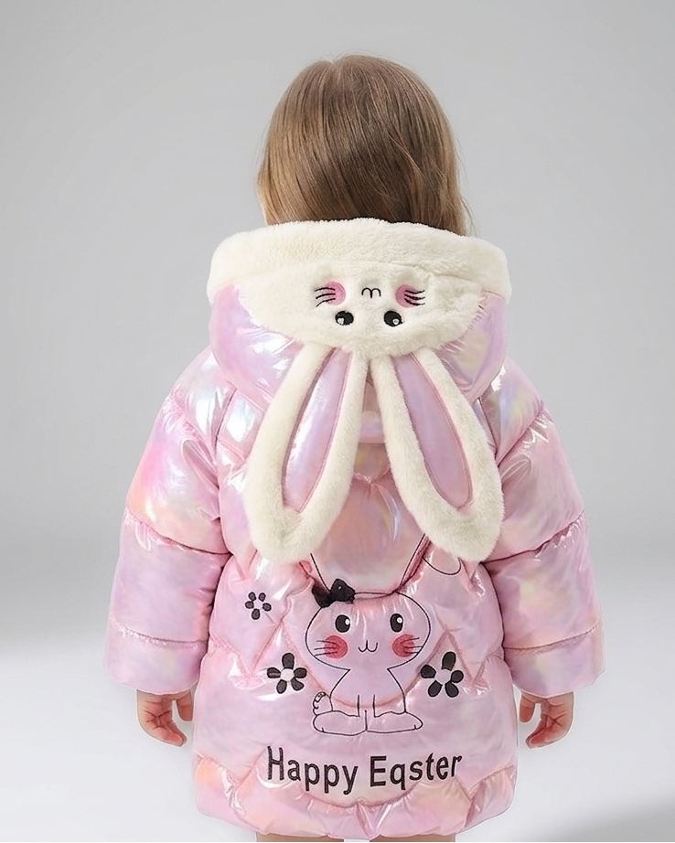Chaqueta niña acolchada de invierno con capucha de peluche y orejas de conejo en relieve 3D abrigo , en España
