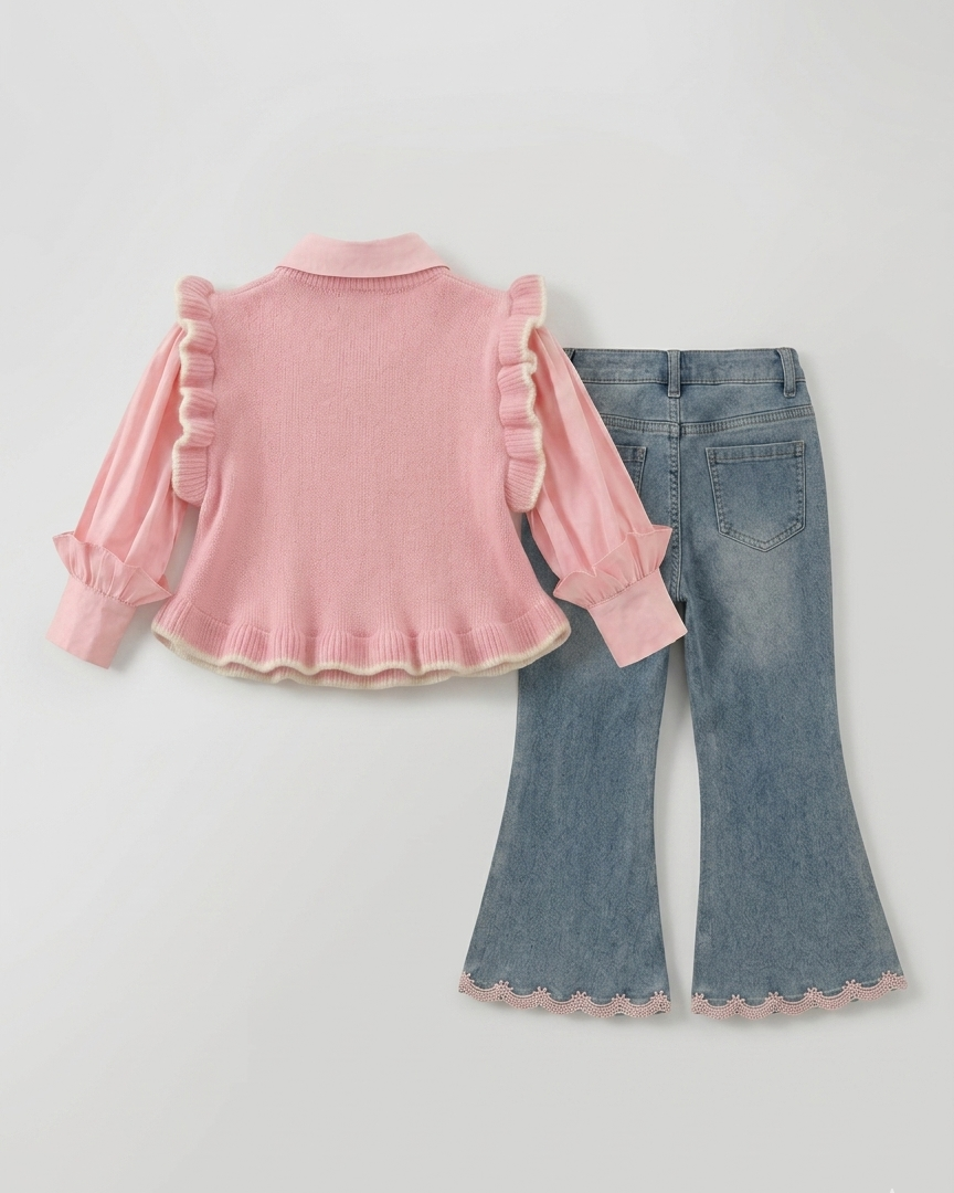 Conjunto niña 2 piezas camisa rosa y pantalón vaquero ancho con lazos y bordados | ropa niña en España