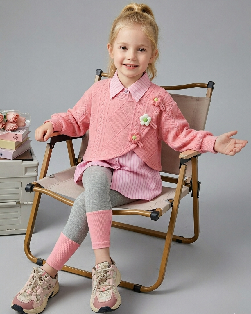 Conjunto niña 3 piezas otoño invierno con bordado de flores Ideal para clima otoñal y principios en España