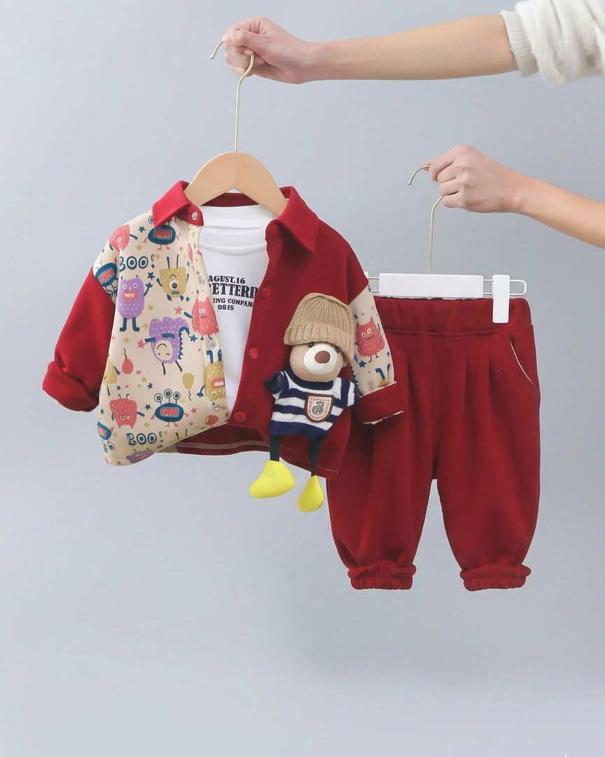 Conjunto bebé 3 piezas ropa infantil con chaqueta estampada de dibujos animados, camiseta de algodón y pantalón cálido en Españ