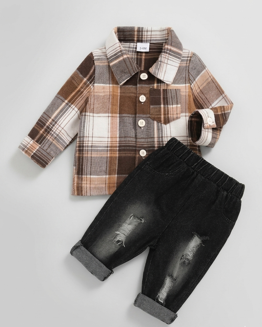 Conjunto niño 2 piezas camisa de cuadros y pantalón vaquero cómodo ropa infantil otoño invierno en España