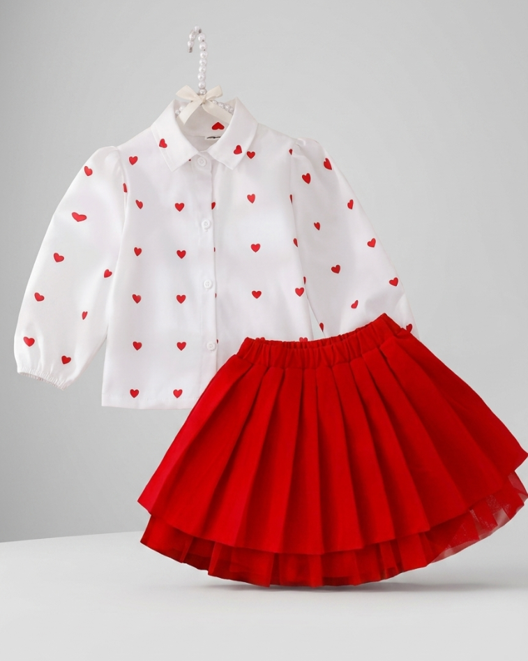 Conjunto niña 2 piezas falda de tul roja y camiseta con corazones – ropa niña elegante en España