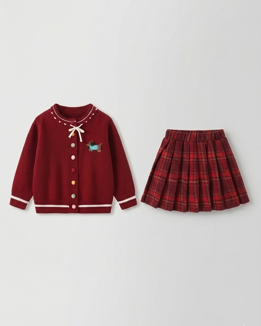 Vestido niña invierno de punto con lazo en el cuello y mangas largas estilo clásico,Ideal para primavera en España