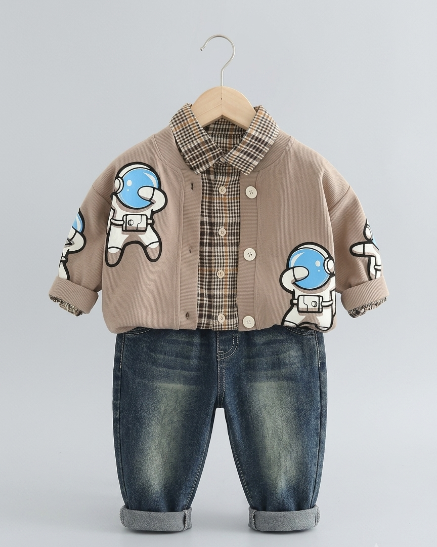 Conjunto niño 3 piezas ropa niño astronauta con chaqueta, camisa de cuadros y pantalón vaquero en España