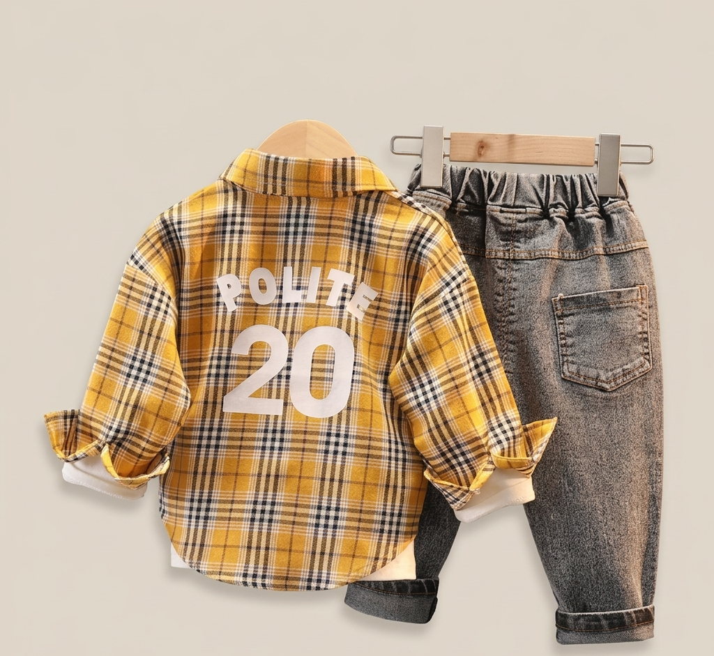 Conjunto de 3 Piezas con Camisa de Cuadros y Vaqueros