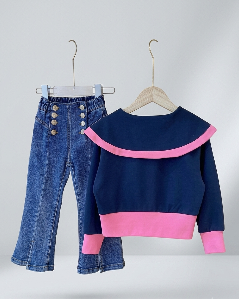 Conjunto Niña Elegante 2 Piezas Blusa Azul Marino y Vaquero Flare