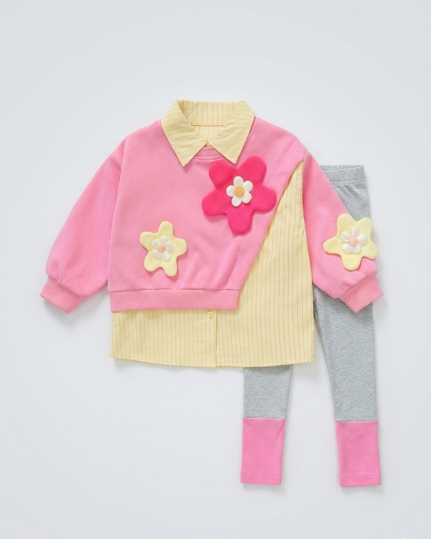 Conjunto niña 3 piezas sudadera y camiseta interior flores 3D ropa infantil,destacada para looks elegantes y sencillos en España