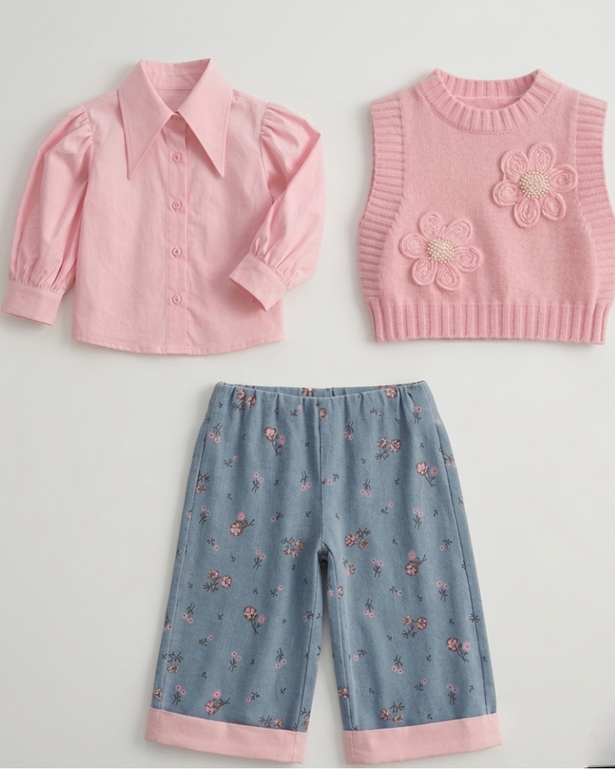 Conjunto niña 3 piezas ropa  elegante con camisa de mangas abullonadas, chaqueta con detalles en España