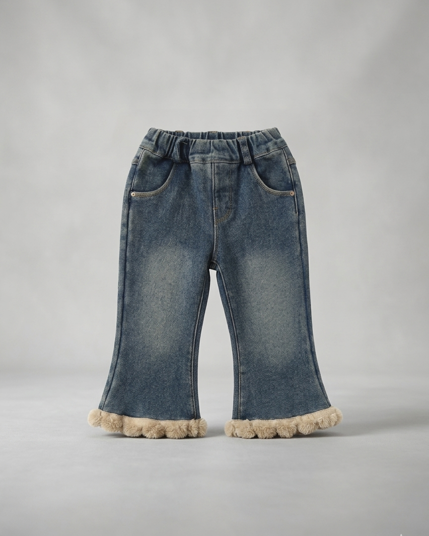 Conjunto niña invierno suéter de lana y jeans con estampado popcorn ,destacada para looks elegantes y sencillos  en España